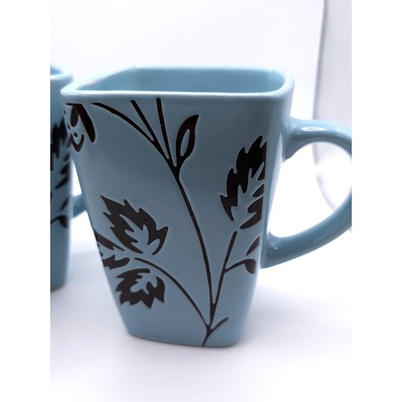 Set Of 2 Mystic Passage Blue Square Ceramic Mugs With Black Floral Design Dishwa - Picture 2 of 9